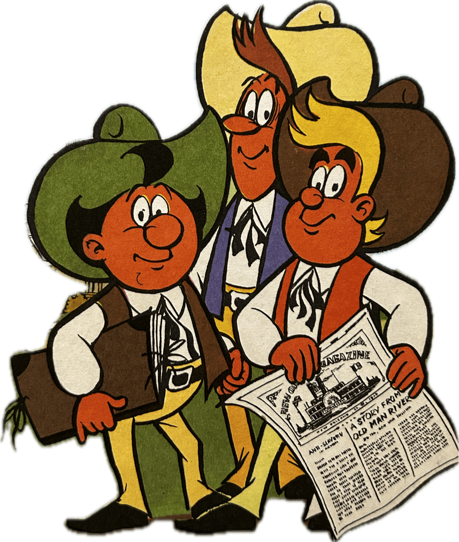 The three Digedags — Dig, Dag and Digedag — in western outfits reading a New Orleans magazine