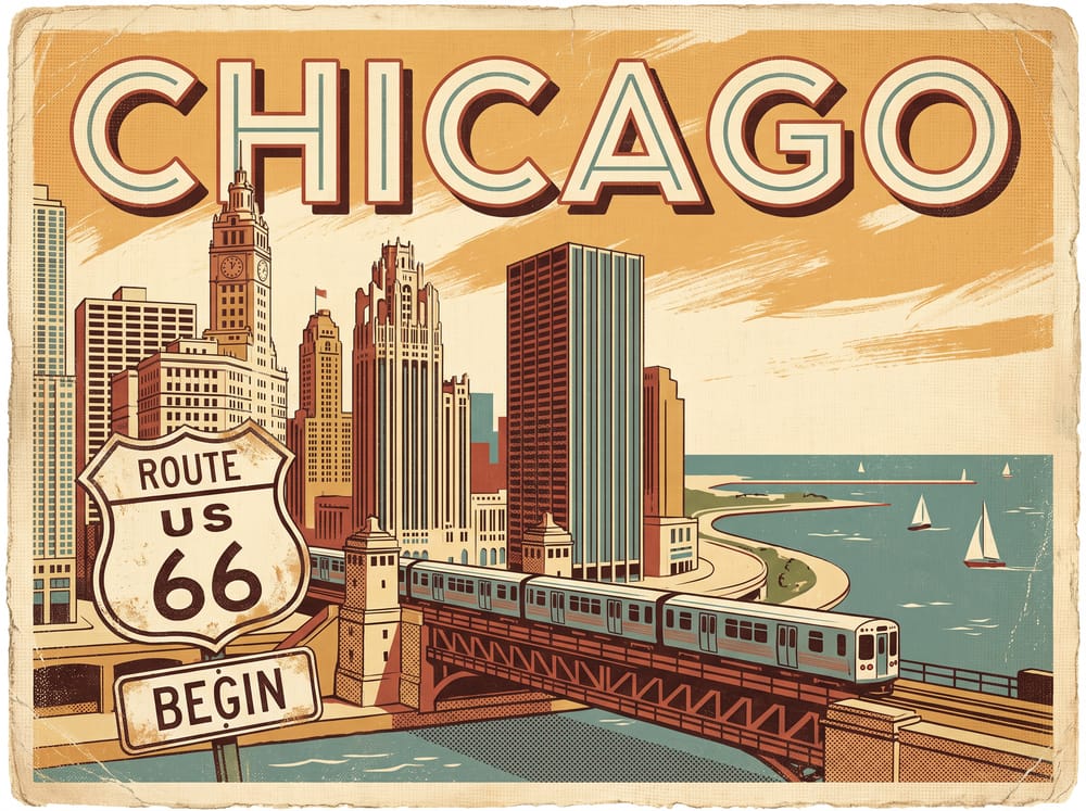 Vintage postcard of Chicago, Illinois, where Route 66 begins