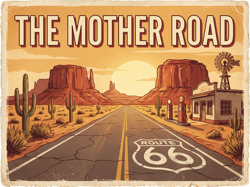 Vintage postcard of the open Route 66 desert highway